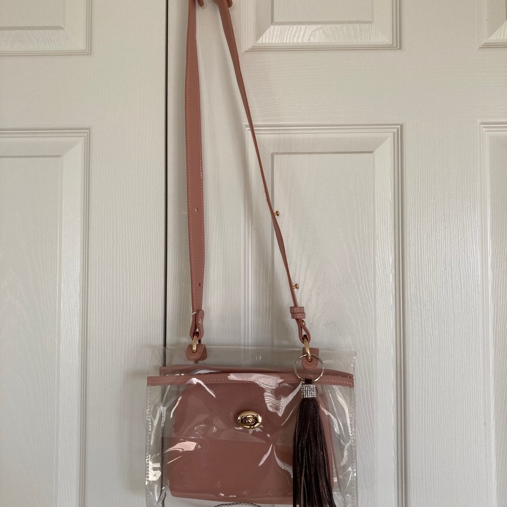 Pink leather & clear vinyl purse w/bling fringe